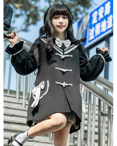 Lolita Coats Black Coat Bows Ruffles Overcoat Polyester Lolita Outwears Sweet Academic Spring Fall Winter