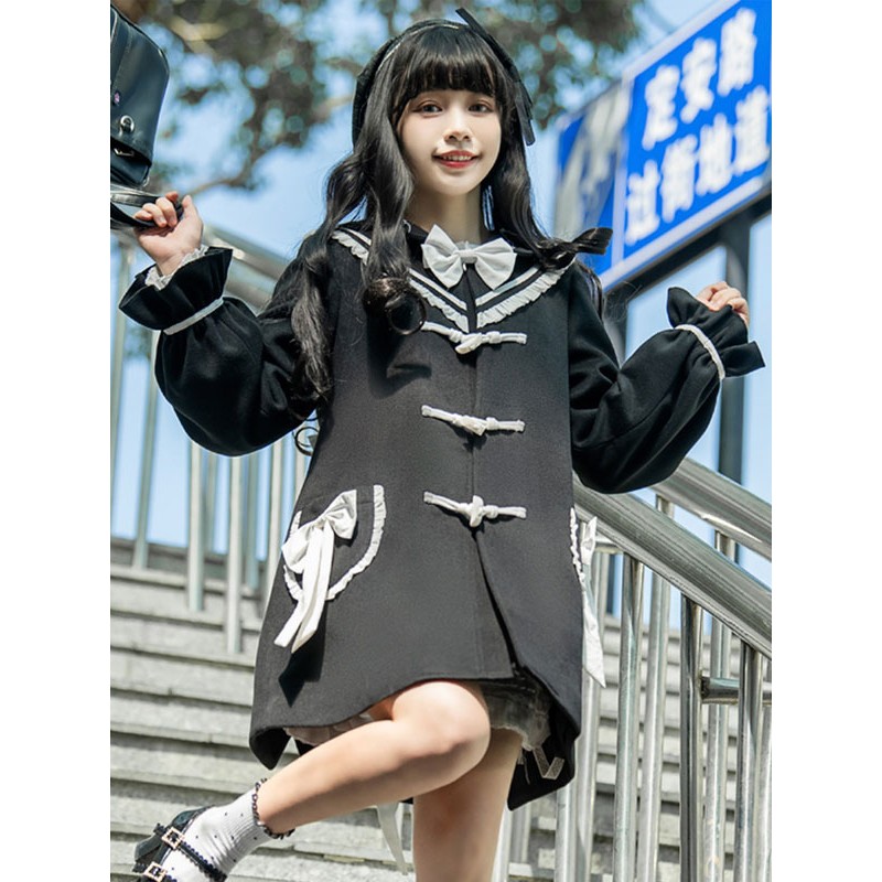 Lolita Coats Black Coat Bows Ruffles Overcoat Polyester Lolita Outwears Sweet Academic Spring Fall Winter