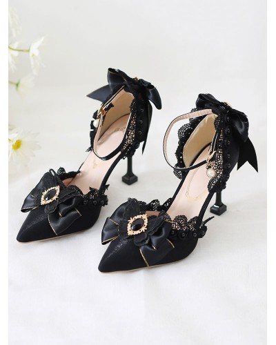 Black Sweet Lolita Ankle Strap Heels Rhinestones Pearls Lace Nubuck Stiletto Heel Lolita Pumps Daily Casual