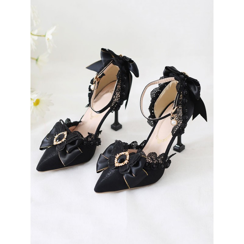 Black Sweet Lolita Ankle Strap Heels Rhinestones Pearls Lace Nubuck Stiletto Heel Lolita Pumps Daily Casual