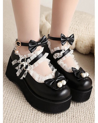 Lolita Footwear White Pearls Bows PU Leather Wedge Heel Lolita Pumps Sweet Daily Casual