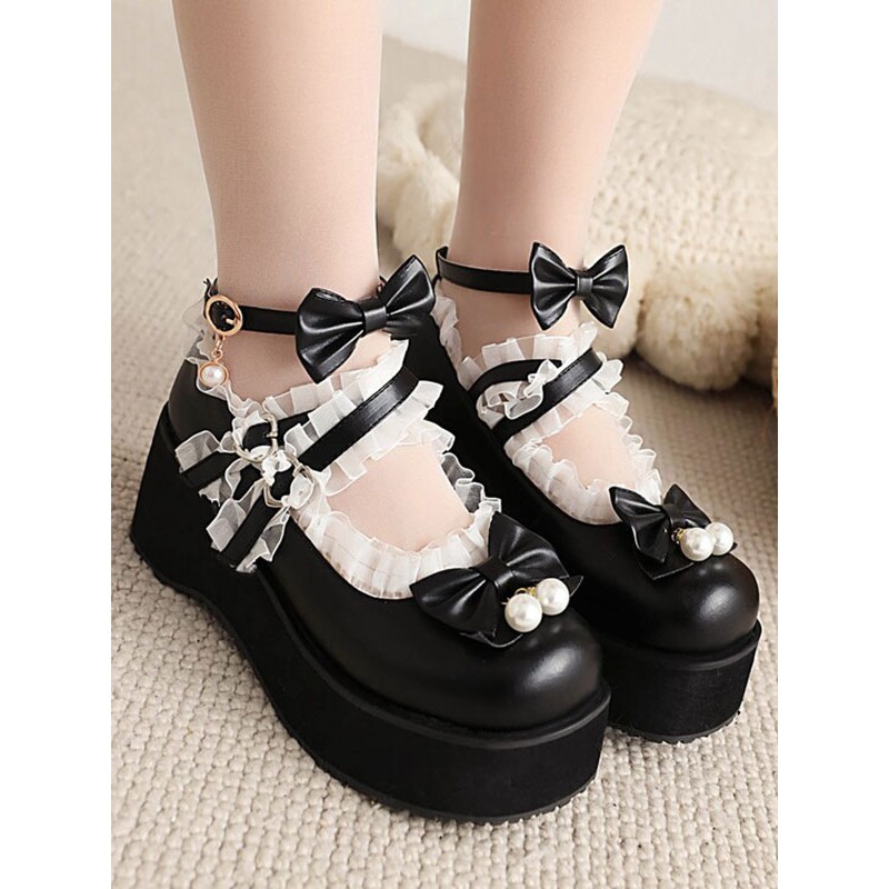 Lolita Footwear White Pearls Bows PU Leather Wedge Heel Lolita Pumps Sweet Daily Casual