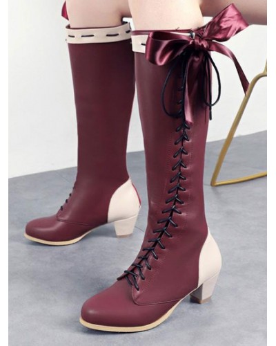 Classic Lolita Boots Bow Lace Up Two Tone Puppy Heel Lolita Shoes