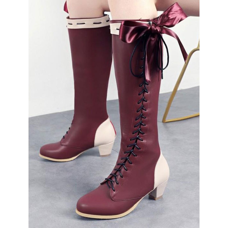 Classic Lolita Boots Bow Lace Up Two Tone Puppy Heel Lolita Shoes