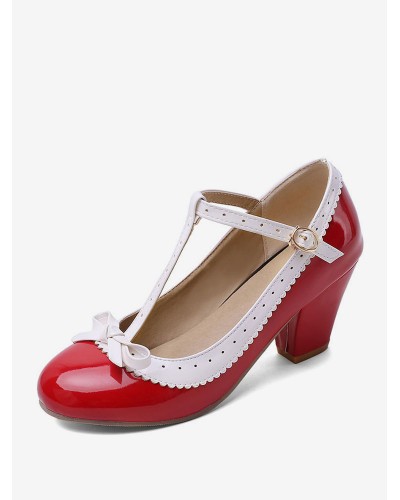 Sweet Lolita Footwear Bow T Strap Leather Puppy Heel Lolita Pumps Daily Casual Tea Party