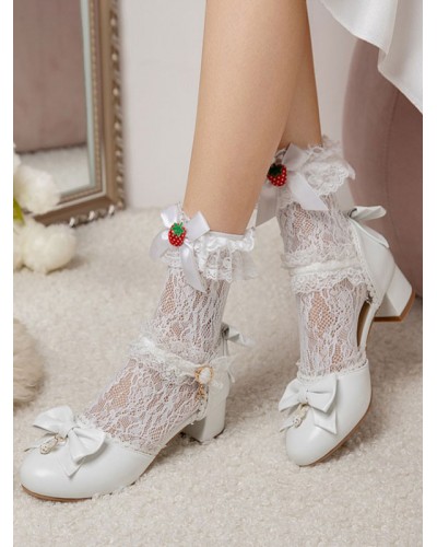 Sweet Lolita Sandals Round Toe Chunky Heel PU Leather White Lolita Summer Ankle Strap Heels