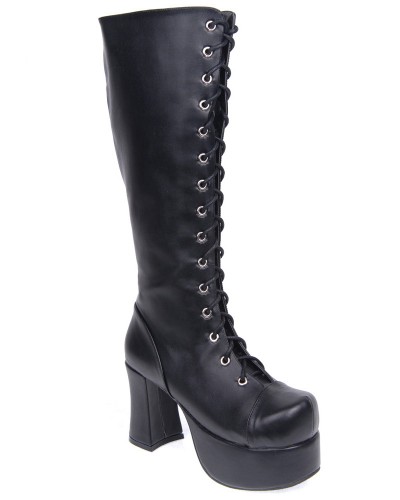 Matte Black Lolita Boots Chunky Heels Platform Shoelace Zip Designed