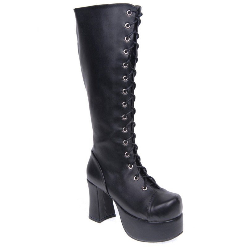 Matte Black Lolita Boots Chunky Heels Platform Shoelace Zip Designed