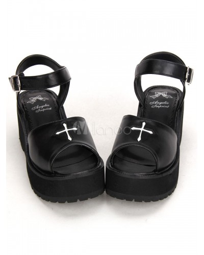 Gothic Black Lolita Platofrm Sandals White Cross Print Ankle Strap Buckle Lovely Halloween