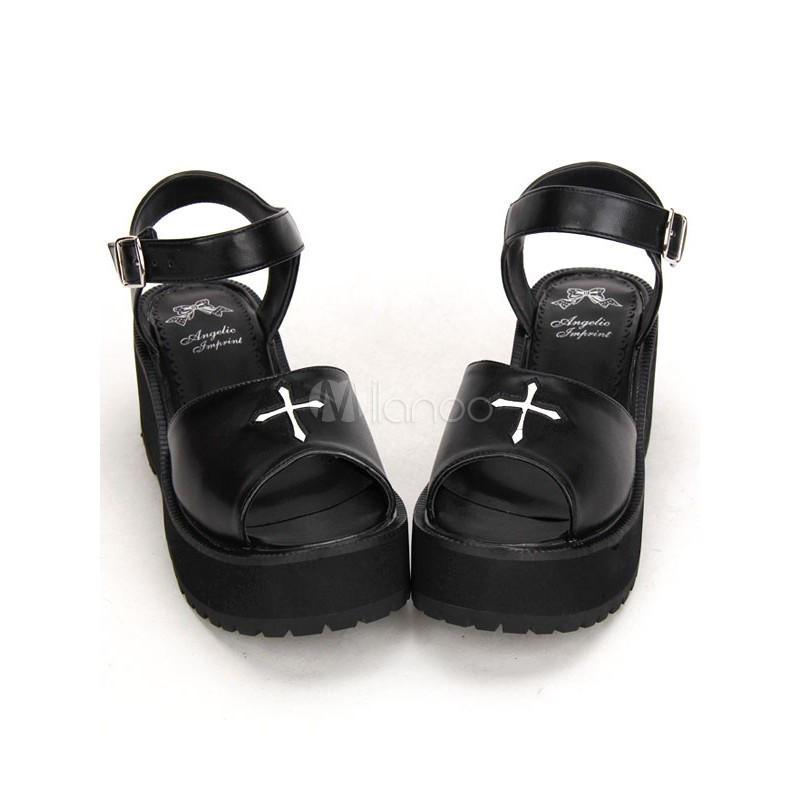 Gothic Black Lolita Platofrm Sandals White Cross Print Ankle Strap Buckle Lovely Halloween