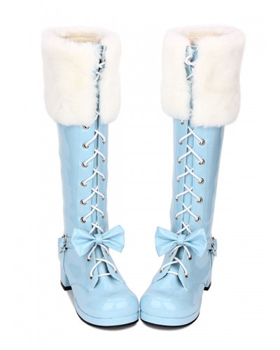 Sweet Lolita Boots Faux Fur Lace Up Bow Chunky Heel Blue Lolita Thigh High Boots Shoes