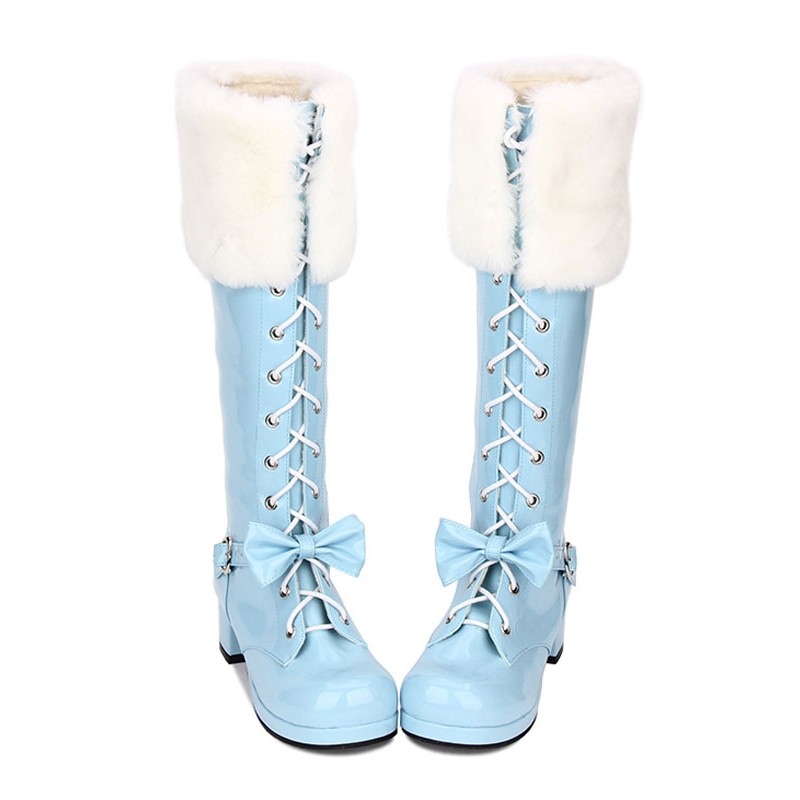 Sweet Lolita Boots Faux Fur Lace Up Bow Chunky Heel Blue Lolita Thigh High Boots Shoes