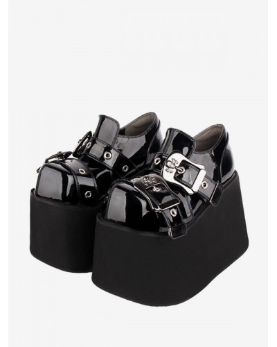 Gothic Lolita Footwear Black Grommets PU Leather Wedge Heel Lolita Pumps Shoes