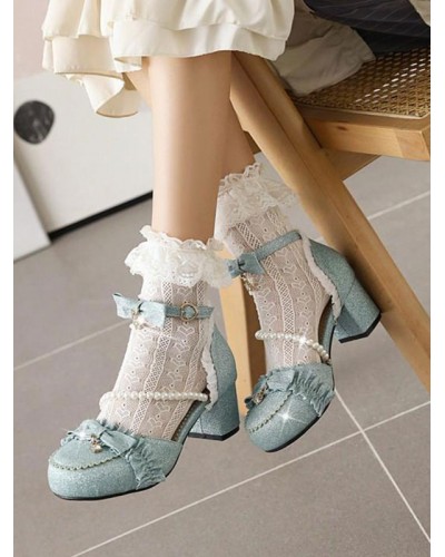 ROCOCO Style Lolita Sandals Light Sky Blue Pearls Ruffles PU Leather Round Toe Lolita Summer Shoes