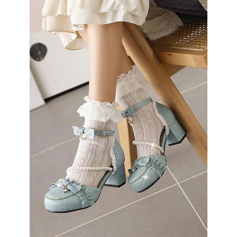 ROCOCO Style Lolita Sandals Light Sky Blue Pearls Ruffles PU Leather Round Toe Lolita Summer Shoes