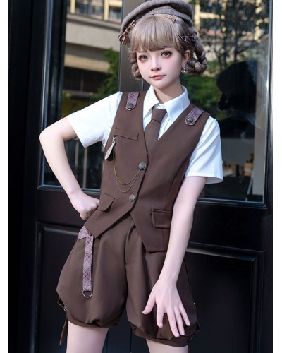 Lolita Outfits Coffee Brown Sleeveless Pants Overcoat Sets Steampunk Gothic Daily Casual Tea Party