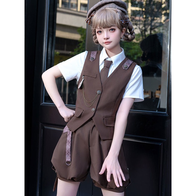 Lolita Outfits Coffee Brown Sleeveless Pants Overcoat Sets Steampunk Gothic Daily Casual Tea Party