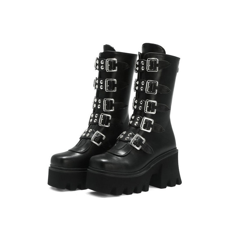 Gothic Lolita Boots Black Grommets Metallic Round Toe PU Leather Mid-Calf Lolita Footwear Daily Casual