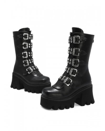 Lolita Ankle Black Rivets Grommets Metallic Round Toe PU Leather Lolita Footwear Boots Steampunk Gothic