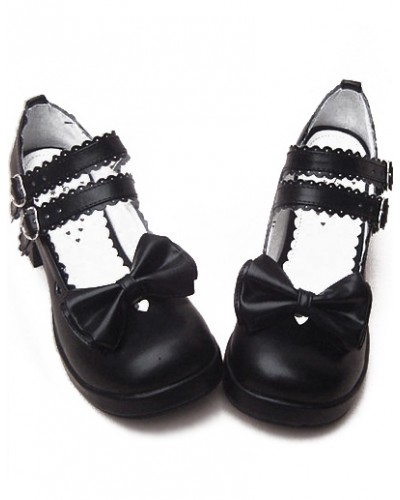 Black Chunky Heels Shoes Straps Bow Buckles Hollow Heart