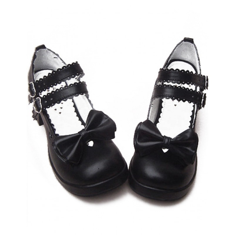 Black Chunky Heels Shoes Straps Bow Buckles Hollow Heart