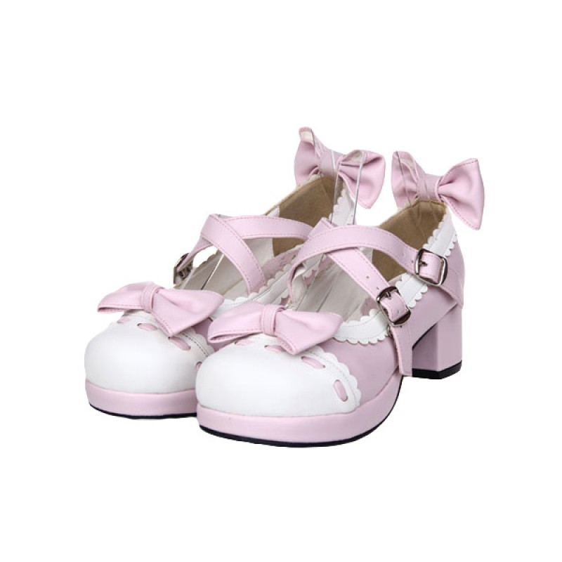 Sweet Square Heels Lolita Shoes Bow Decor White Trim Round Toe