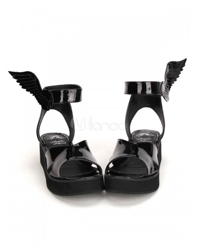 Glossy Black Lolita Sandals Platform Angle's Wing Design Ankle Strap