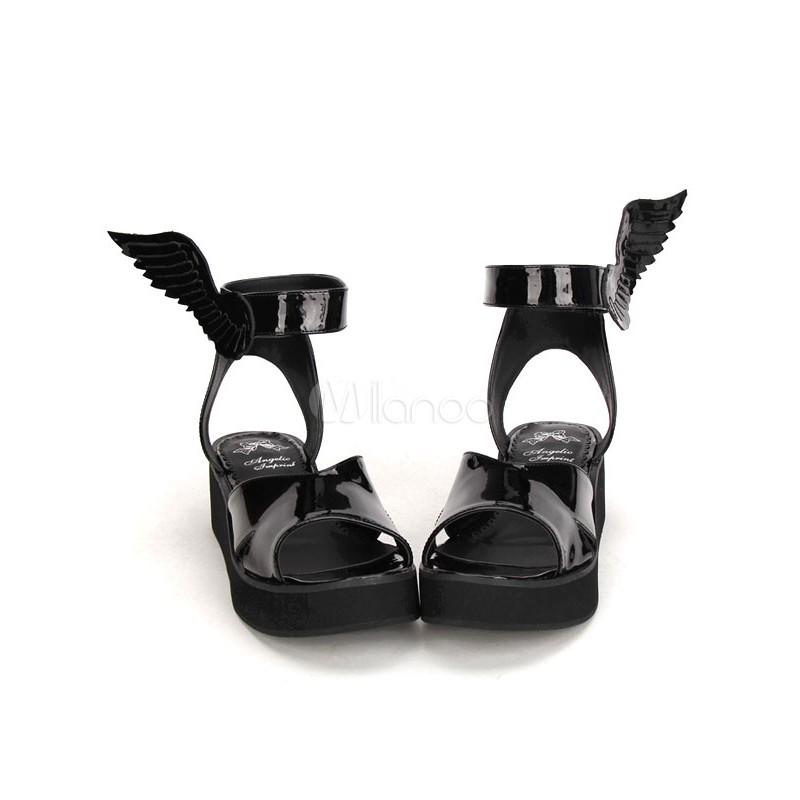 Glossy Black Lolita Sandals Platform Angle's Wing Design Ankle Strap