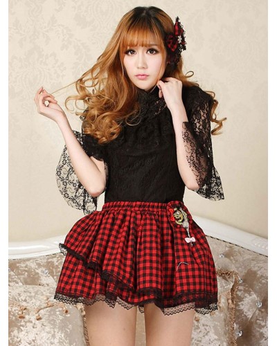 Classic Lolita SK Lace Trim Checkered Bow Ruffle Red Lolita Skirt Daily Casual