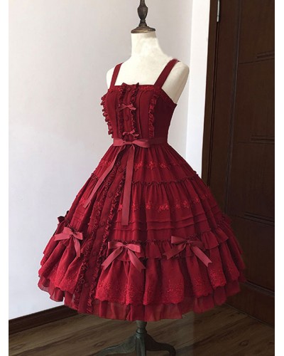 Sweet Lolita JSK Dress Ruffles Burgundy Bows Lolita Jumper Skirts