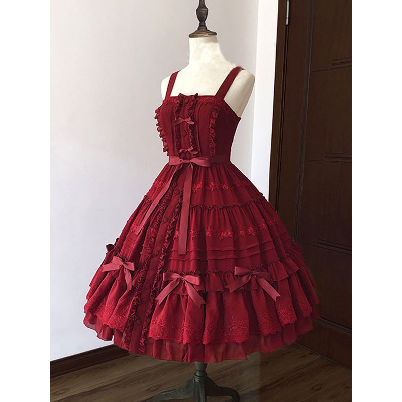 Sweet Lolita JSK Dress Ruffles Burgundy Bows Lolita Jumper Skirts