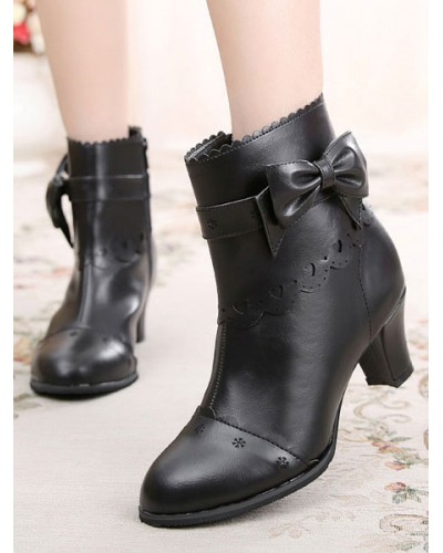 Classic Lolita Boots Bow Cut Out Chunky Heel Lolita Shoes Daily Casual Tea Party