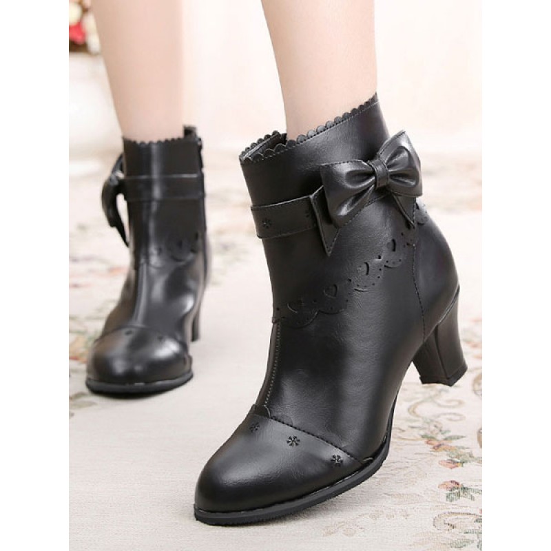 Classic Lolita Boots Bow Cut Out Chunky Heel Lolita Shoes Daily Casual Tea Party