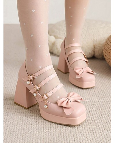 Lolita Footwear Pink Bow Bows Square Toe PU Leather Lolita Shoes Sweet Daily Casual