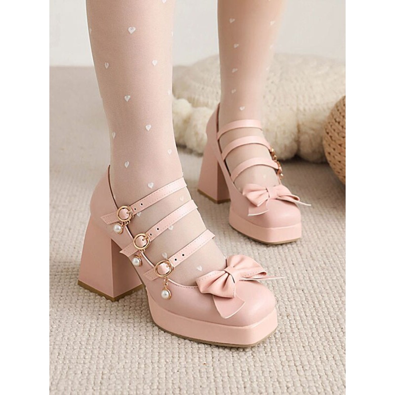 Lolita Footwear Pink Bow Bows Square Toe PU Leather Lolita Shoes Sweet Daily Casual