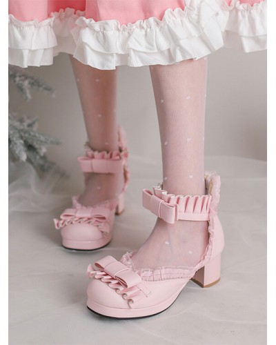 Sweet Lolita Sandals Bows Ruffles Round Toe PU Leather White Lolita Summer Shoes