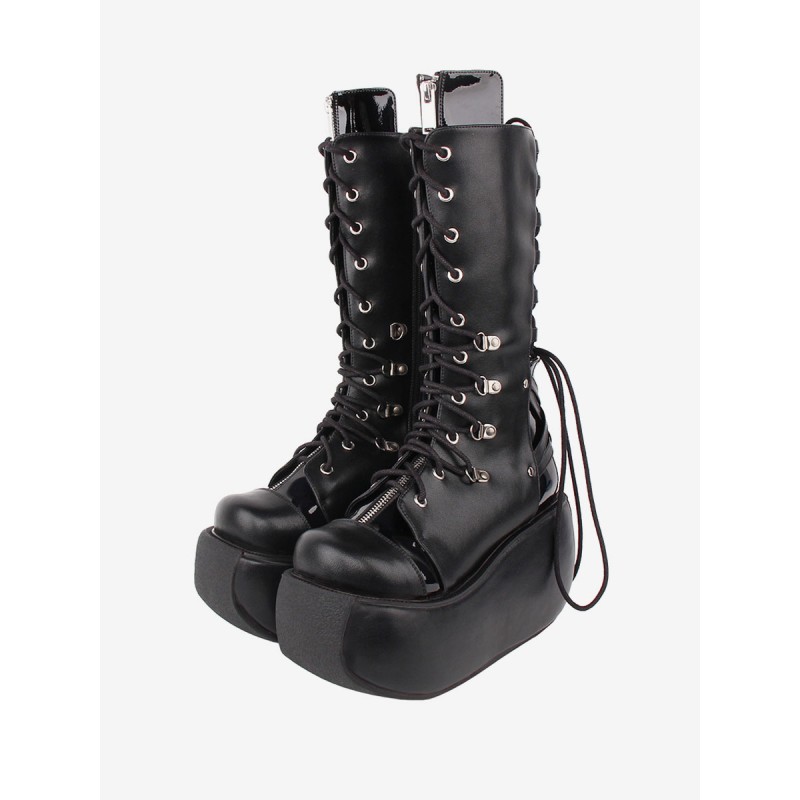 Gothic Lolita Boots PU Leather Two-Tone Grommets Round Toe Black Lolita Footwear Daily Casual