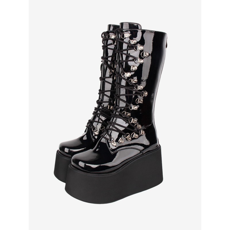 Gothic Lolita Boots Black Grommets Two-Tone Round Toe PU Leather Lolita Footwear Daily Casual