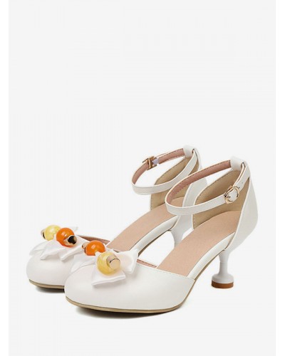 Sweet Lolita Sandals Bows Round Toe PU Leather Ecru White Lolita Summer Shoes