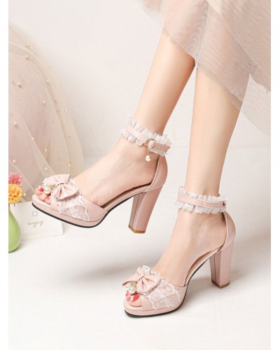 ROCOCO Style Lolita Sandals Pearls Lace Peep Toe PU Leather White Lolita Summer Shoes