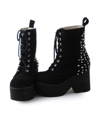 Black Velvet Lolita Boots Square Hees Rivet Design Lovely