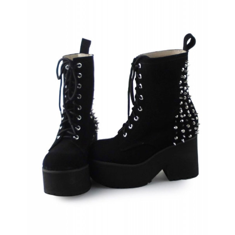 Black Velvet Lolita Boots Square Hees Rivet Design Lovely