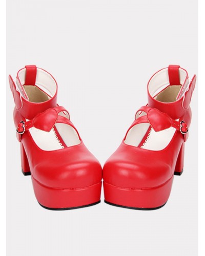 Red Lolita Chunky Pony Heels Shoes Platform Ankle Strap Heart Shape Decor Buckle Round Toe