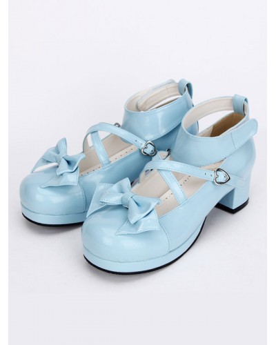 Sweet Lolita Shoes Light Blue Cross Bow Cute Lolita Shoes Ankle Strap Low Heels Lolita Pumps With Detachable Bow