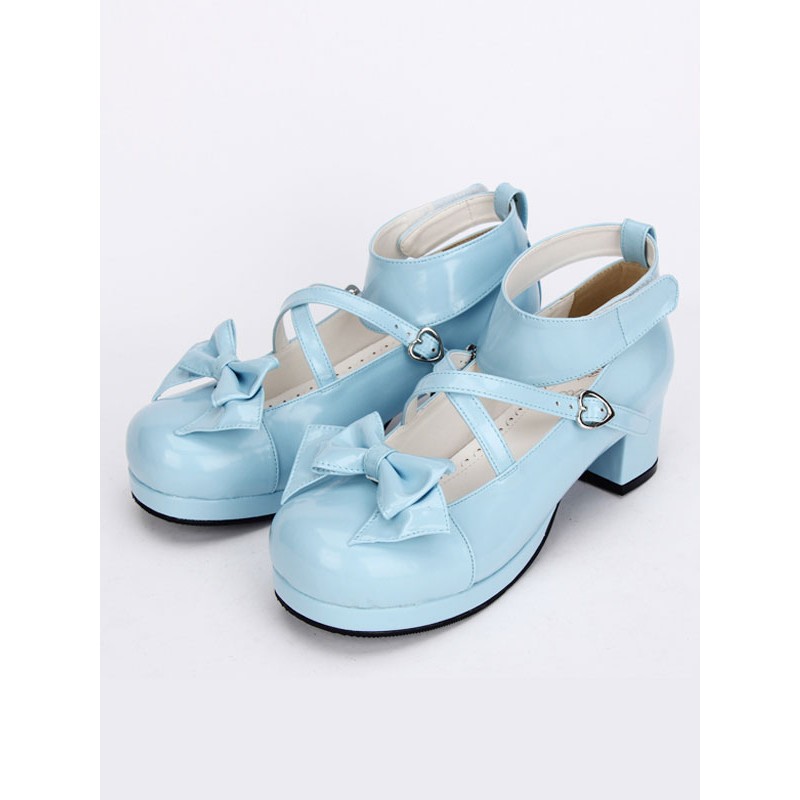 Sweet Lolita Shoes Light Blue Cross Bow Cute Lolita Shoes Ankle Strap Low Heels Lolita Pumps With Detachable Bow