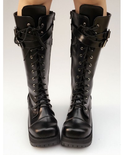 Black Lolita Boots Platform Chunky Heel Lace Up Cross Front Buckle Round Toe Lolita Short Boots