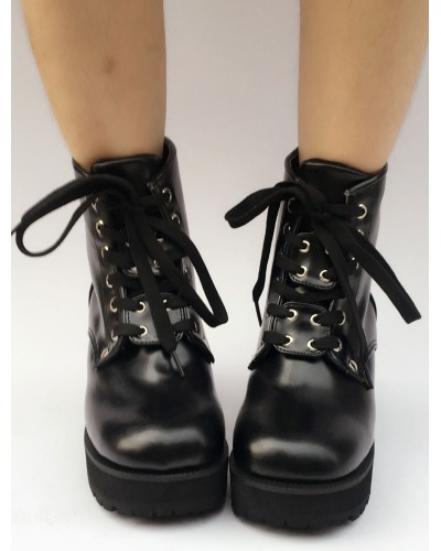 Black Lolita Boots Platform Chunky Heel Round Toe Lace Up Lolita Short Boots