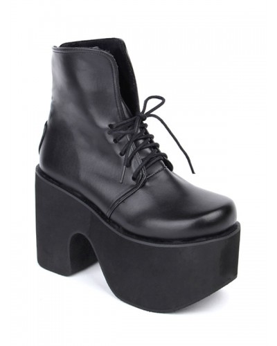 Black Lolita Boots Chunky Heel Platform Lace Up Short Boots Halloween