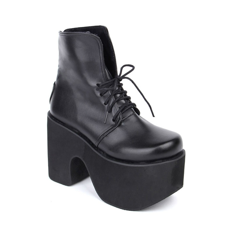 Black Lolita Boots Chunky Heel Platform Lace Up Short Boots Halloween