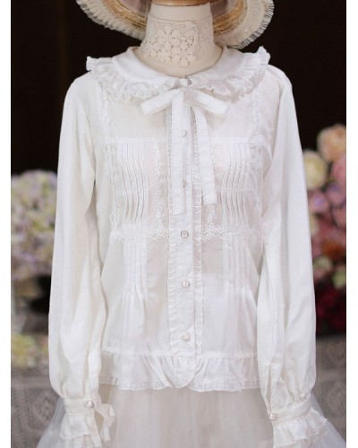 Lolita White Long Sleeves Lace Ruffles Lolita Top Lolita Shirt Blouses Sweet Daily Casual Tea Party